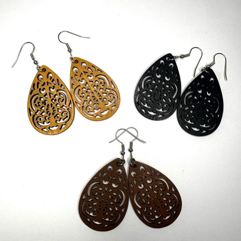 Boho Laser Cut Wood Teardrop Earrings, Fashion Lightweight Dangle Jewelry, Set 3